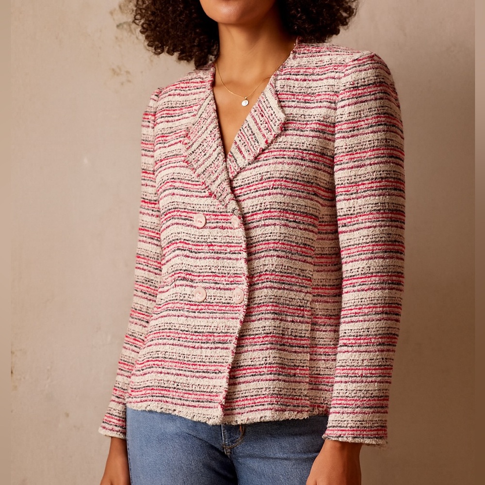 Rebecca Taylor Optic Tweed Raw Hem Frayed Blazer Cream Pink Red Black NWOT